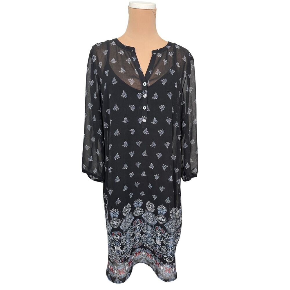 NWT J. Jill Black Boho Print overlay Classic Tunic Shift Dress Womens Medium